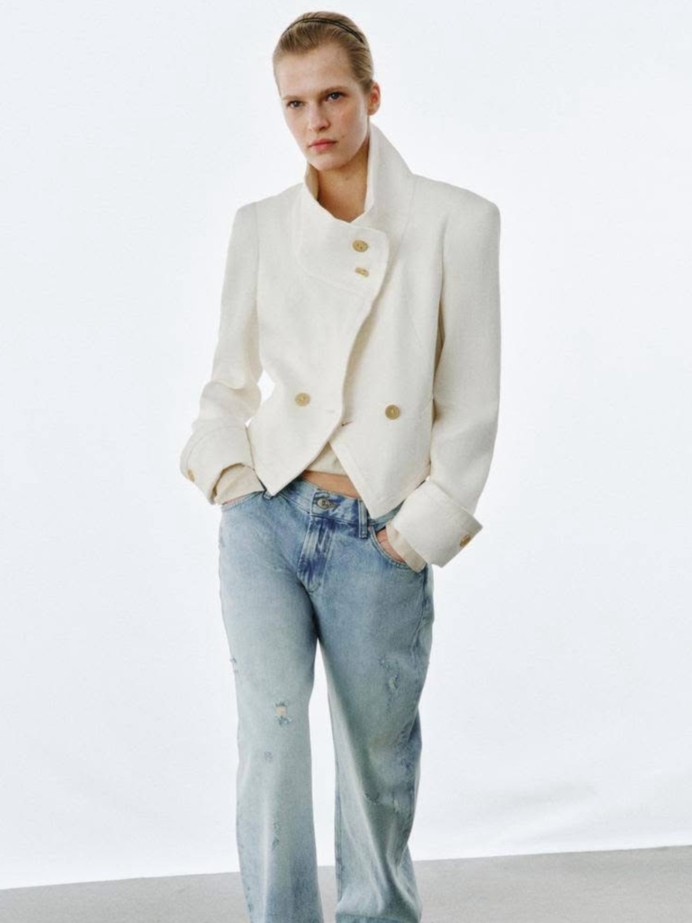 Cream Cropped Bomber Jacket - Picture 6 of 7